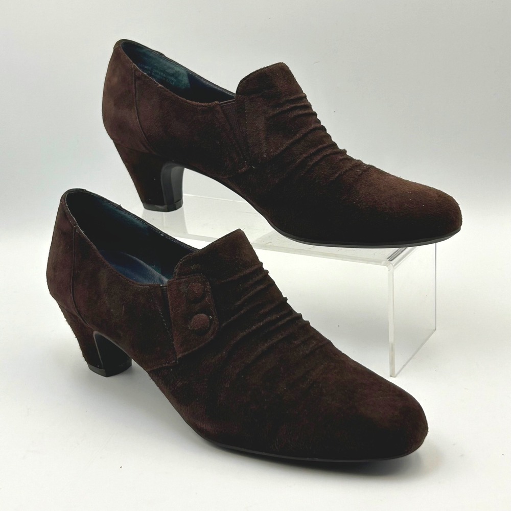 VTG Raffini Suede Shooties Womens 7 Chocolate Brown Ruched Button Block Heel Y2K